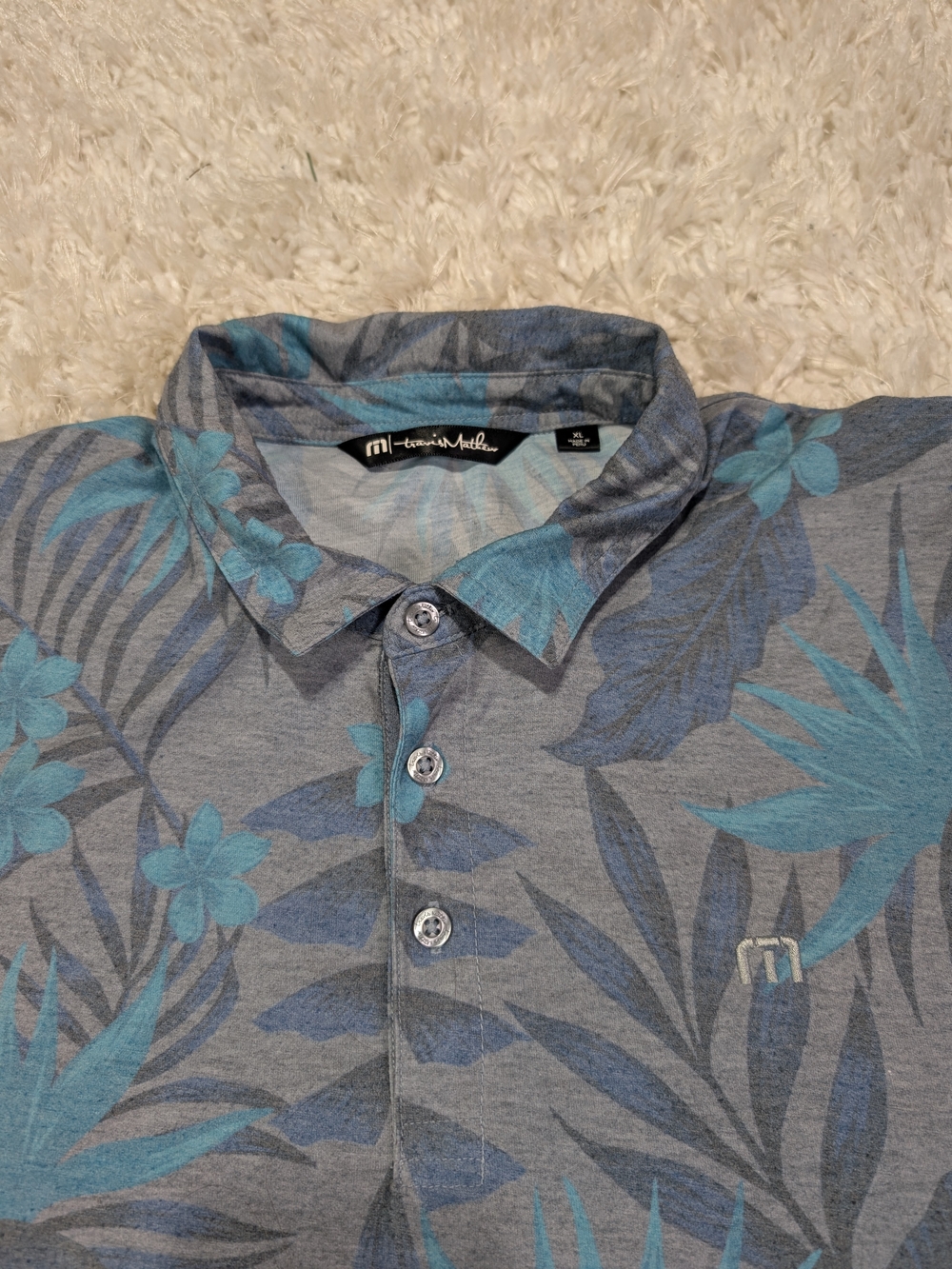 Travis Mathew Gray and Teal Floral Print Polo